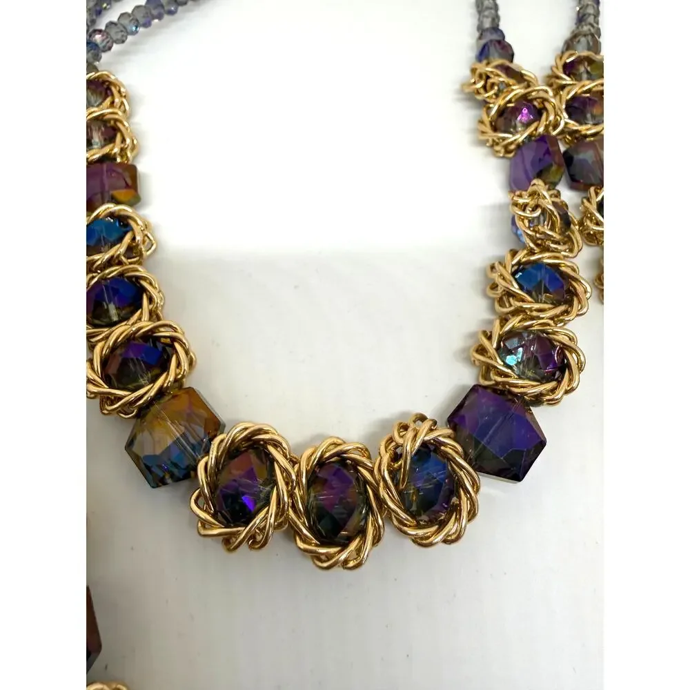 Purple Iridescent Statement Necklace Gold Tone Double Strand Faceted Glass Beads
